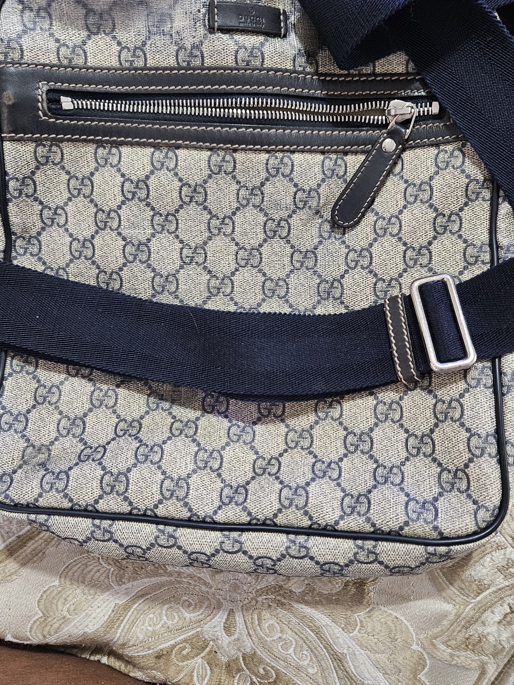 Gucci Monogram Crossbody Bag in Beige and Navy